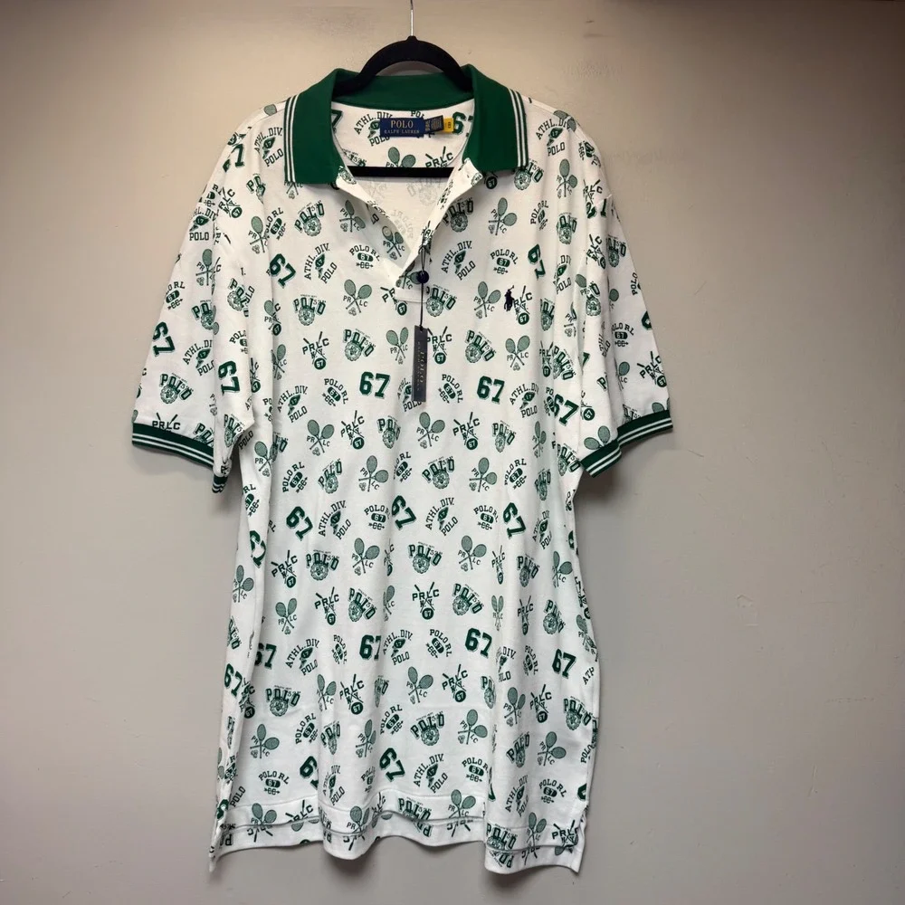 Polo Ralph Lauren‎ Polo Shirt Mens XLT White Green NEW Tennis Graphic Print Tall